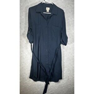 Andrea Jovine Women Sz 8 Blue RolledUp Sleeve Shirt Dress Belted ButtonUP Tencel